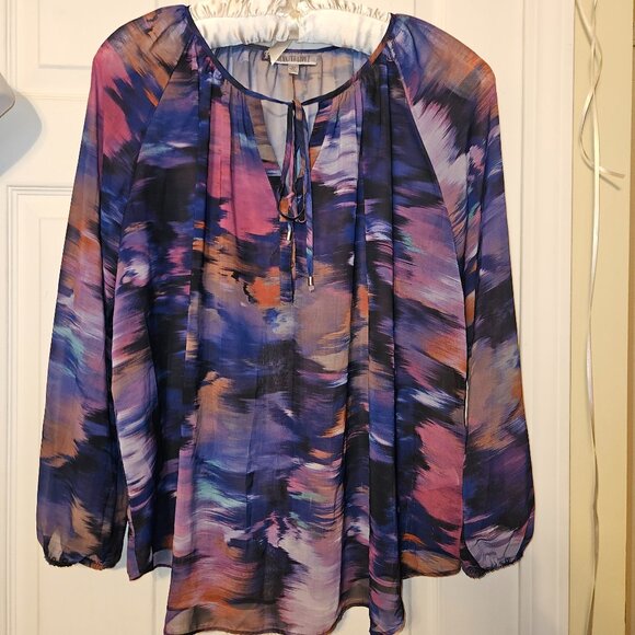 #485-Jennifer Lopez- Blue Multicolored Semi-sheer Blouse- Sz. 0X - Picture 1 of 8
